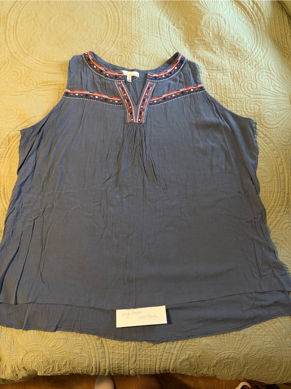 Sleeveless Embroidered Navy Split-Neck Women’s Top